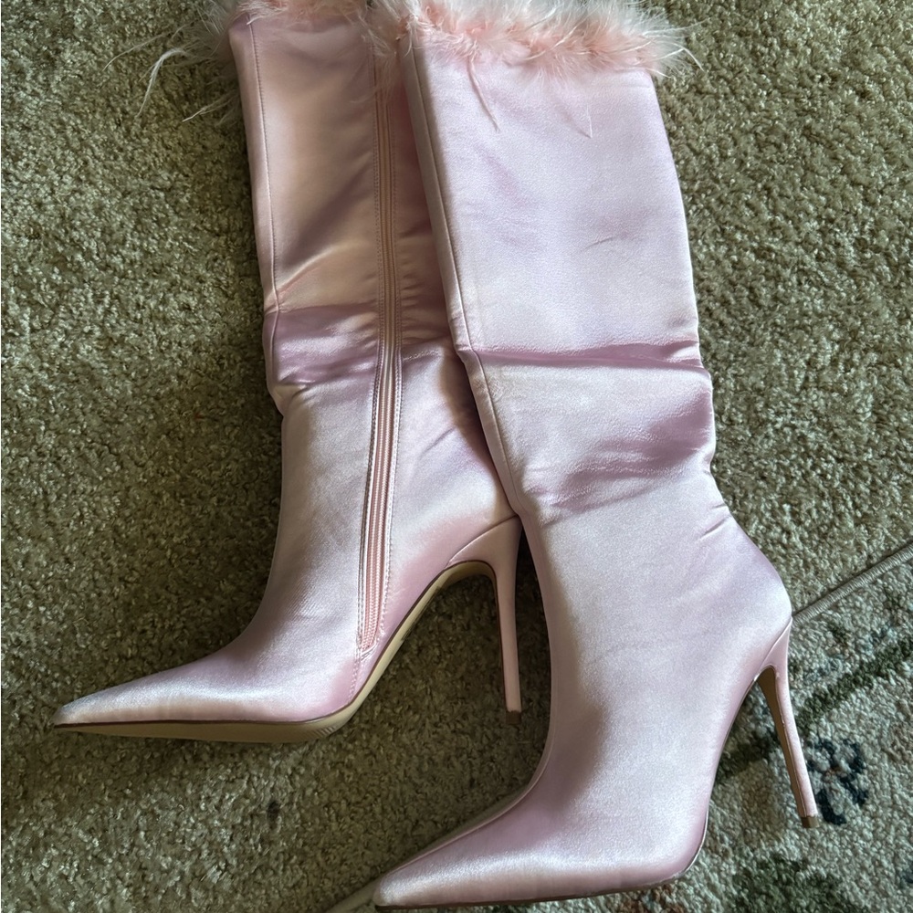 JENSON HEELED BOOTS - PINK KNEE-HIGH SATIN WITH FEATHER TRIM size 5